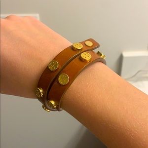 Tory Burch Leather Double Wrap Logo Stud Bracelet
